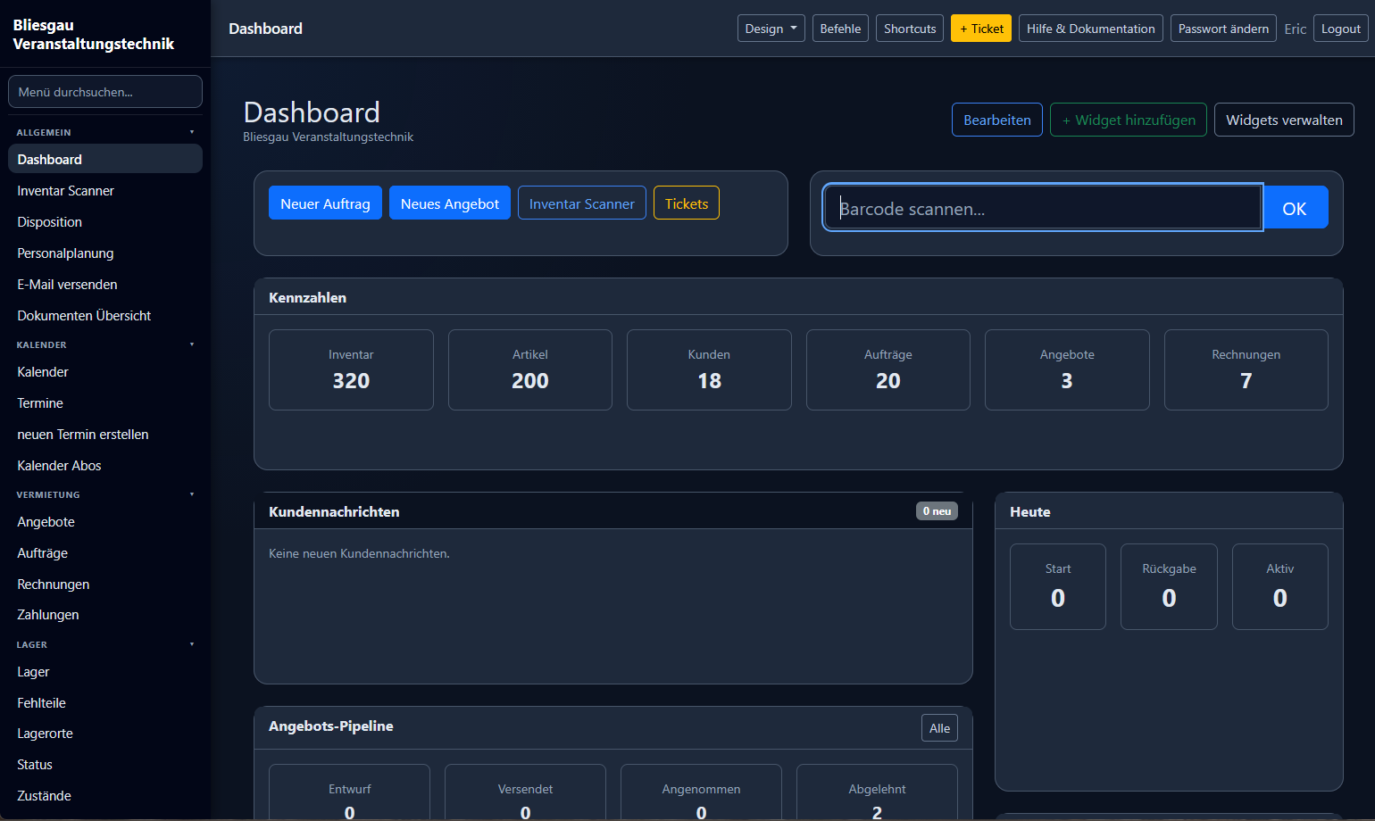 Blisco Dashboard mit Kennzahlen und Auftragsübersicht